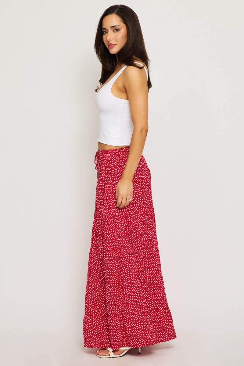 Red Ditsy Maxi Skirt Tiered High Rise for Ally Fashion