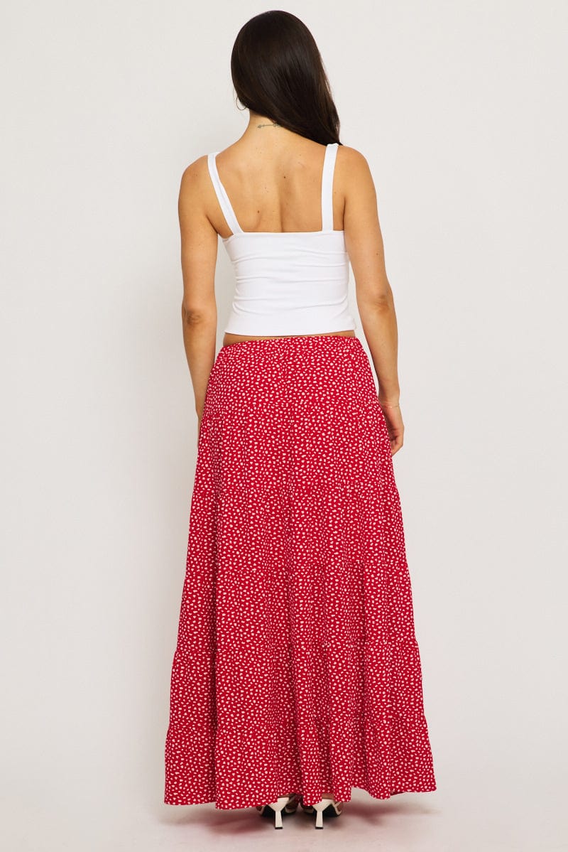 Red Ditsy Maxi Skirt Tiered High Rise for Ally Fashion