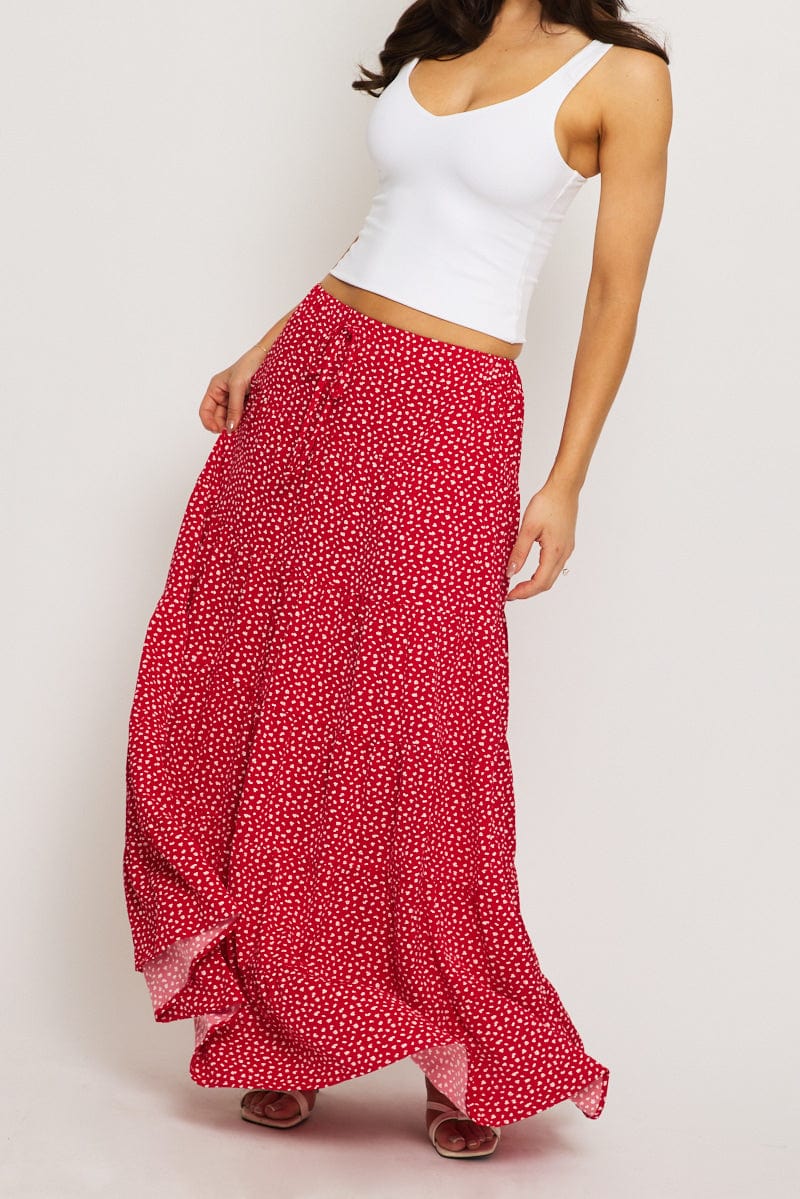 Red Ditsy Maxi Skirt Tiered High Rise for Ally Fashion