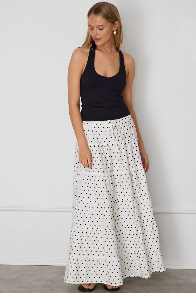 White Polka Dot Maxi Skirt Tiered High Rise Lined for Ally Fashion