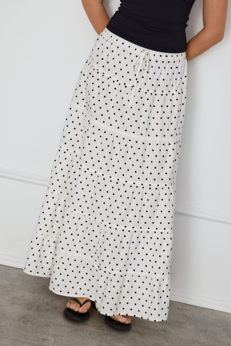 White Polka Dot Maxi Skirt Tiered High Rise Lined for Ally Fashion