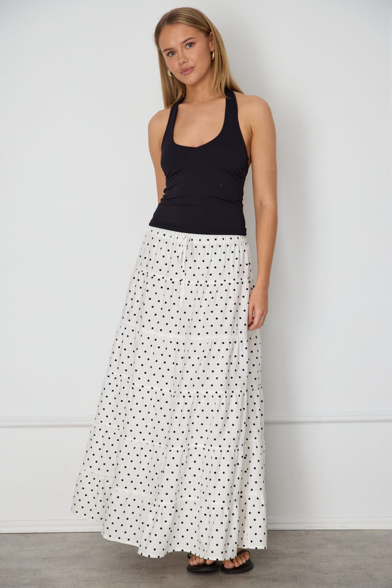 White Polka Dot Maxi Skirt Tiered High Rise Lined for Ally Fashion