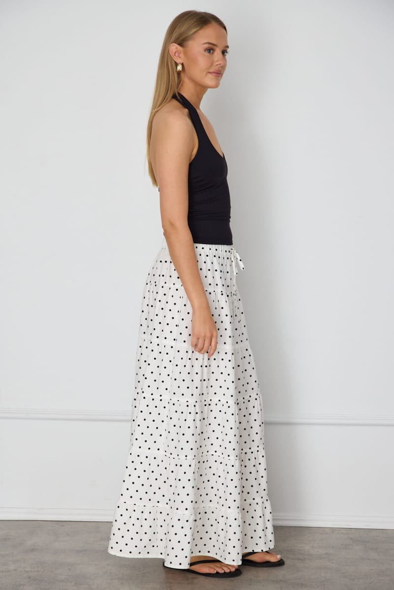 White Polka Dot Maxi Skirt Tiered High Rise Lined for Ally Fashion