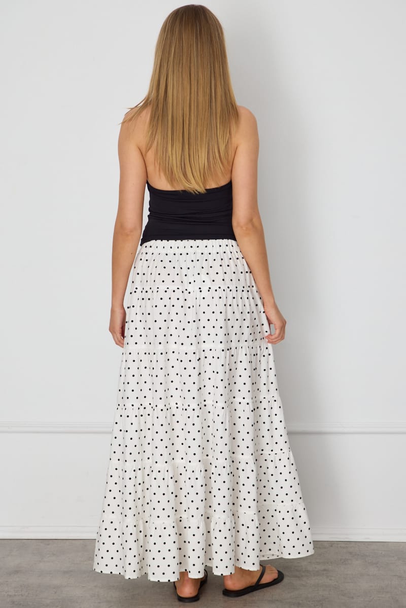 White Polka Dot Maxi Skirt Tiered High Rise Lined for Ally Fashion