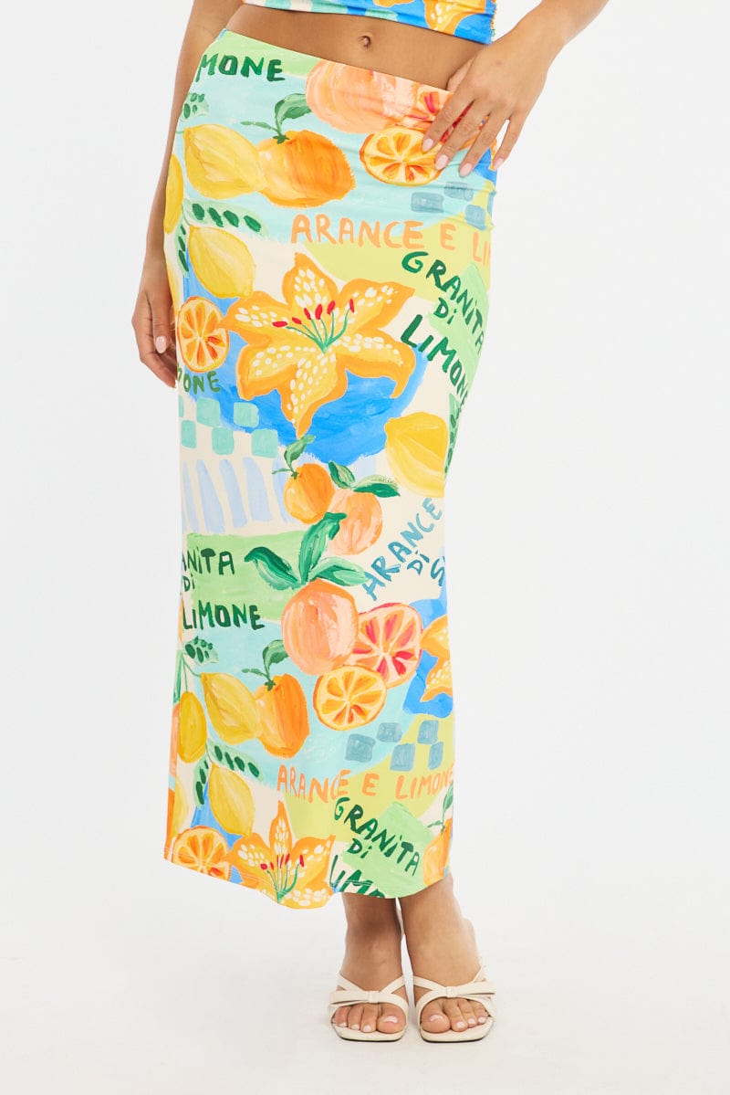 Multi Abstract Supersoft Maxi Skirt Elastic Waist Lined for Ally Fashion