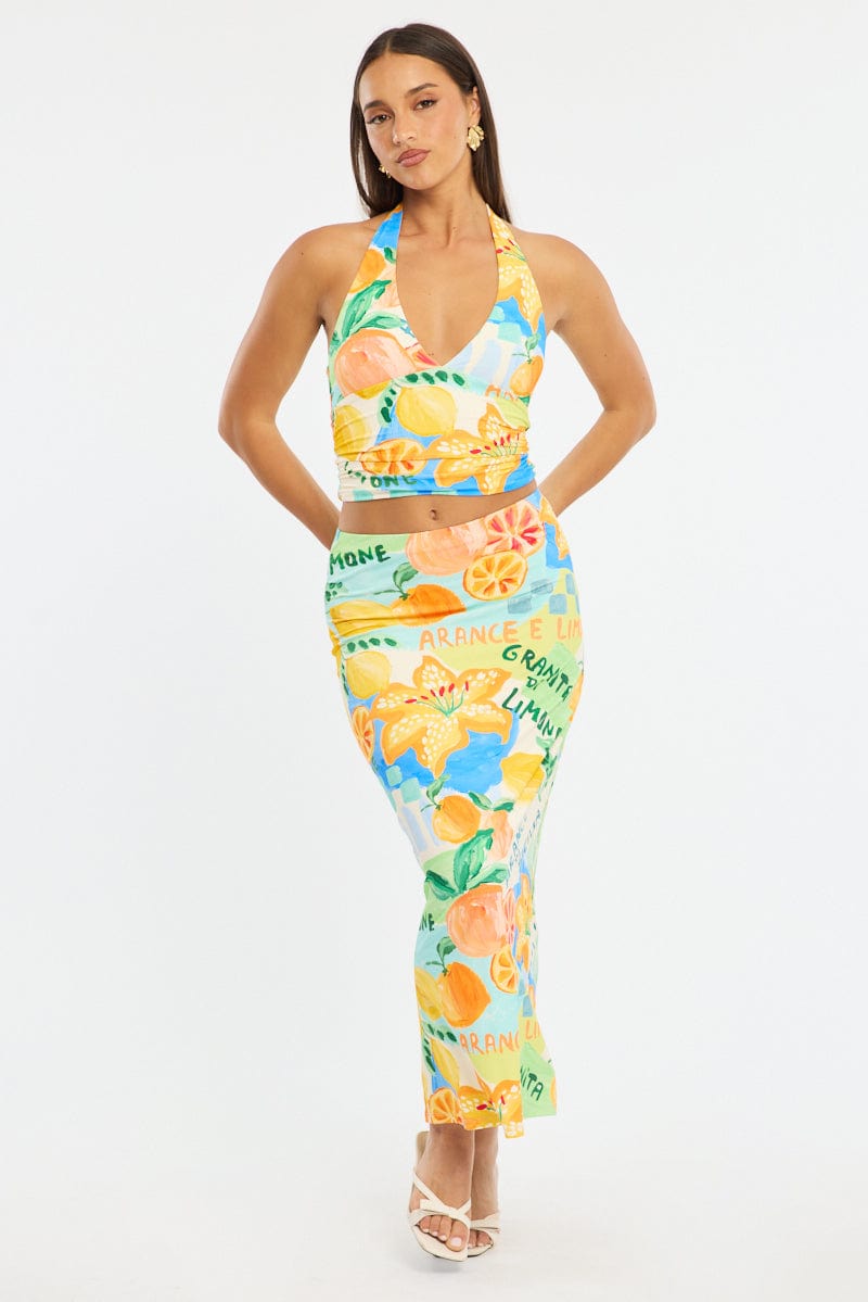 Multi Abstract Supersoft Maxi Skirt Elastic Waist Lined for Ally Fashion