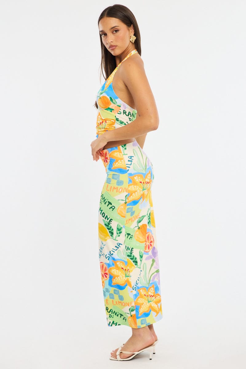 Multi Abstract Supersoft Maxi Skirt Elastic Waist Lined for Ally Fashion