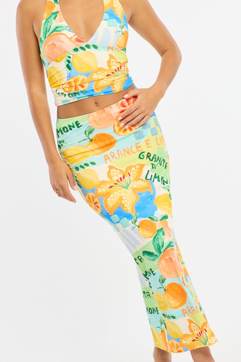 Multi Abstract Supersoft Maxi Skirt Elastic Waist Lined for Ally Fashion