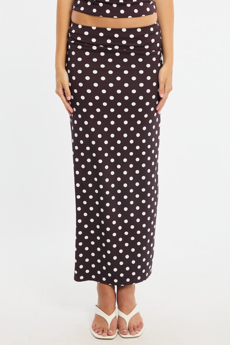 Brown Polka Dot Supersoft Maxi Skirt Elastic Waist Lined for Ally Fashion