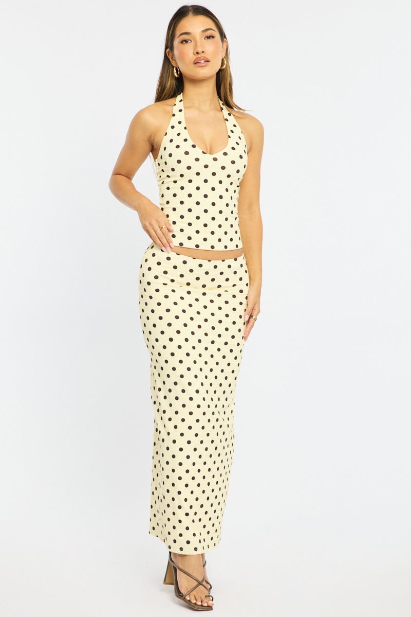 Yellow Polka Dot Supersoft Maxi Skirt Elastic Waist Lined for Ally Fashion