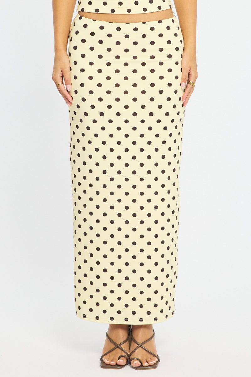 Yellow Polka Dot Supersoft Maxi Skirt Elastic Waist Lined for Ally Fashion