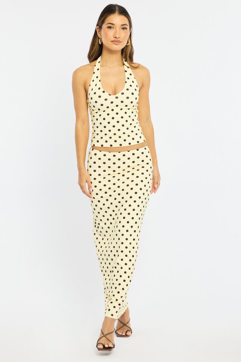 Yellow Polka Dot Supersoft Maxi Skirt Elastic Waist Lined for Ally Fashion