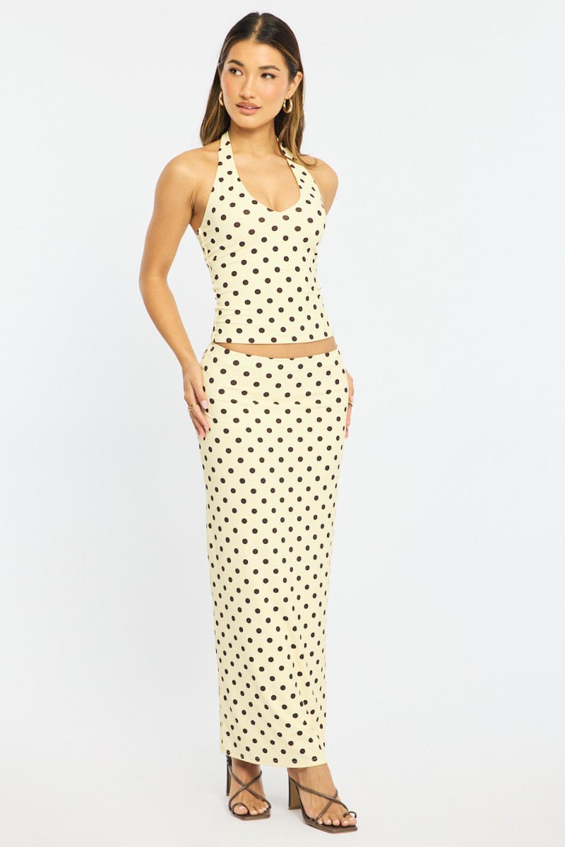 Yellow Polka Dot Supersoft Maxi Skirt Elastic Waist Lined for Ally Fashion