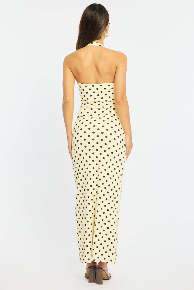 Yellow Polka Dot Supersoft Maxi Skirt Elastic Waist Lined for Ally Fashion