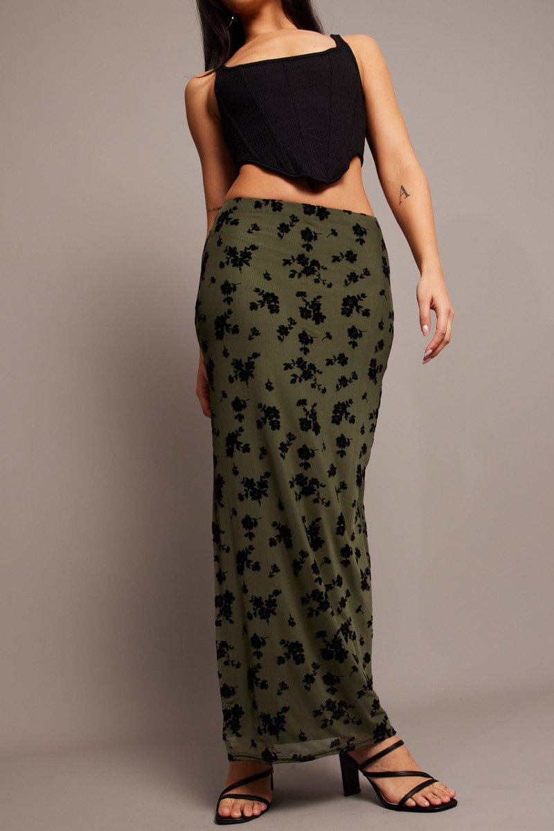 Green Floral Maxi Skirt Side Split for Ally Fashion