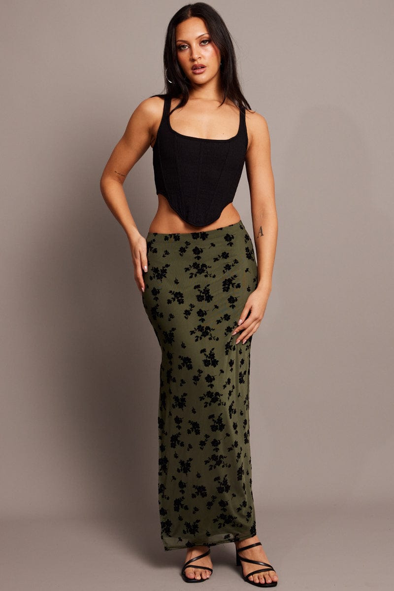 Green Floral Maxi Skirt Side Split for Ally Fashion