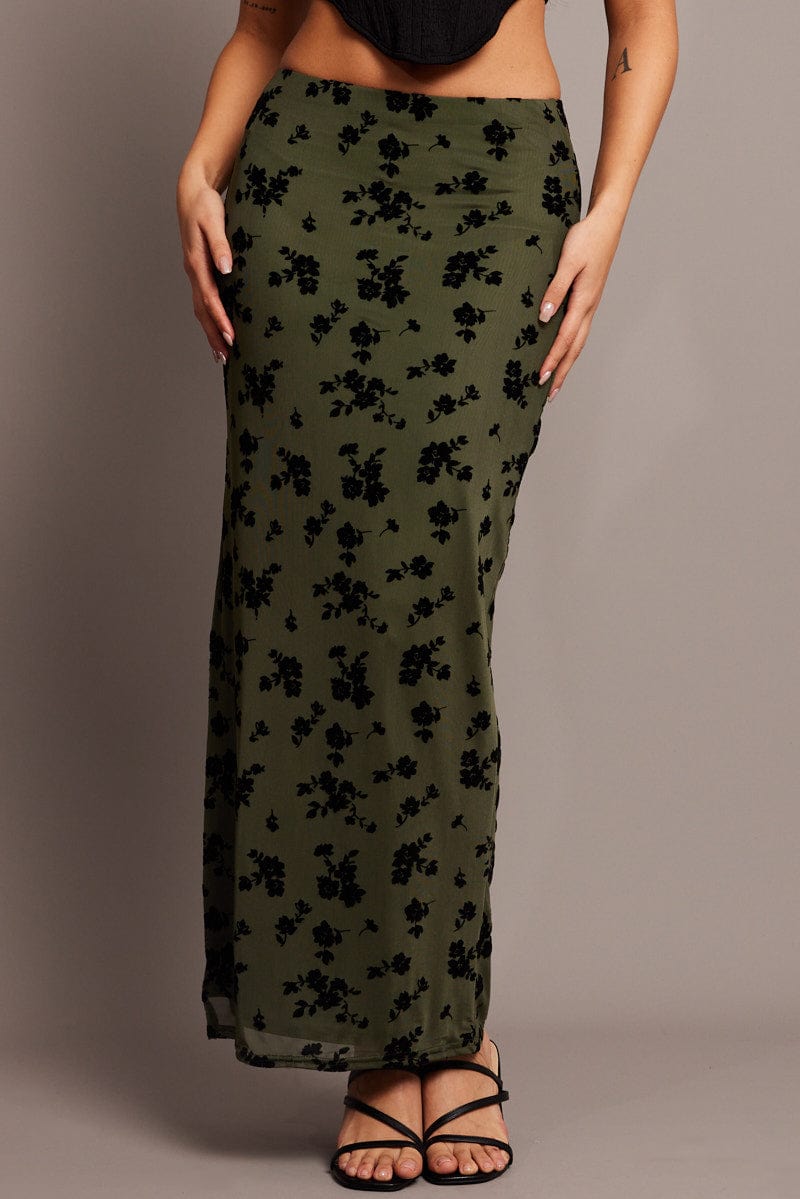 Green Floral Maxi Skirt Side Split for Ally Fashion