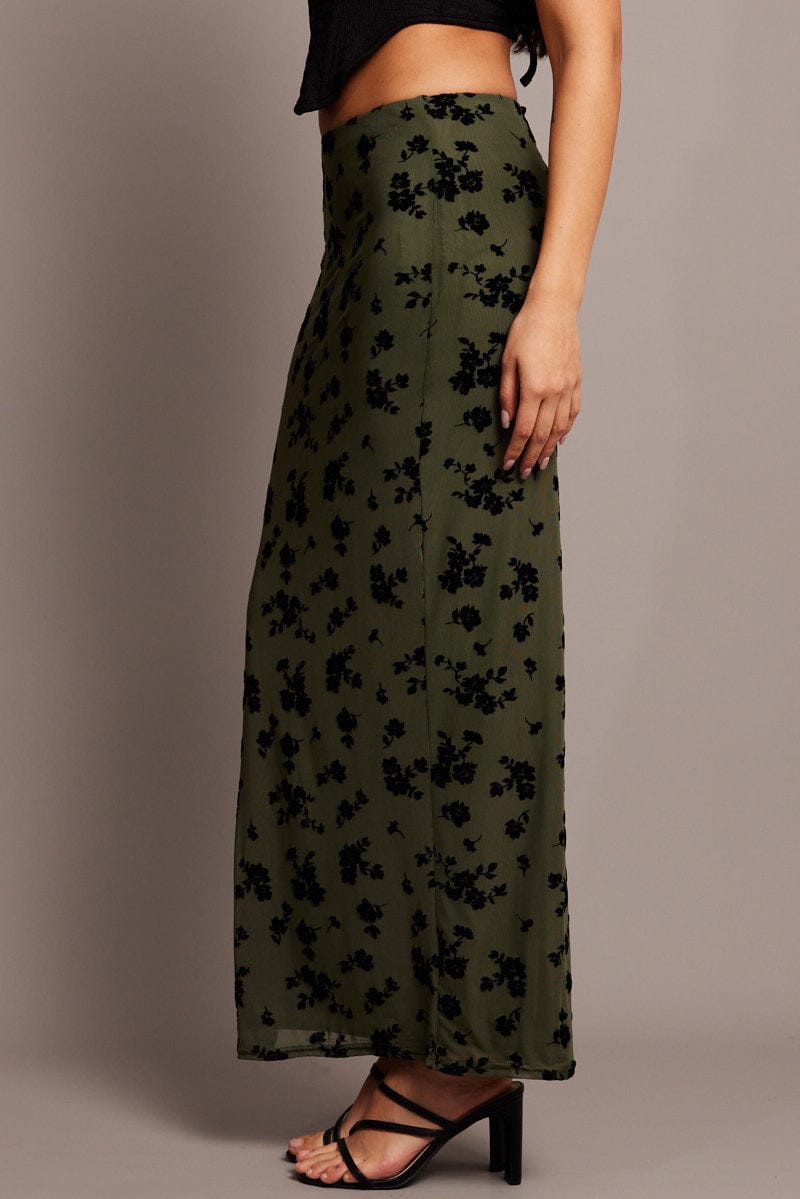 Green Floral Maxi Skirt Side Split for Ally Fashion