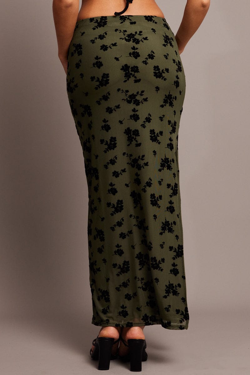 Green Floral Maxi Skirt Side Split for Ally Fashion