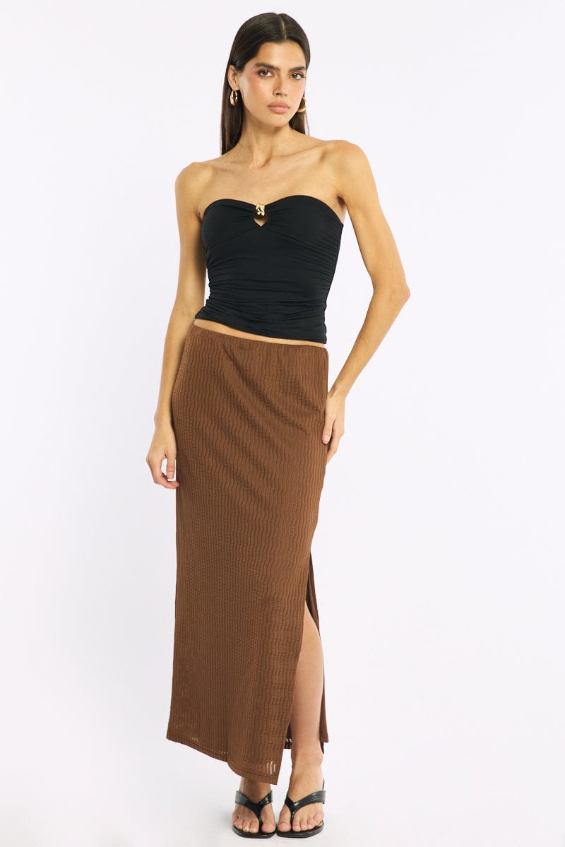 Brown Maxi Skirt Elasticated Waist Side Split Textured for Ally Fashion