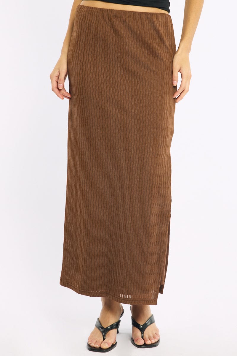 Brown Maxi Skirt Elasticated Waist Side Split Textured for Ally Fashion