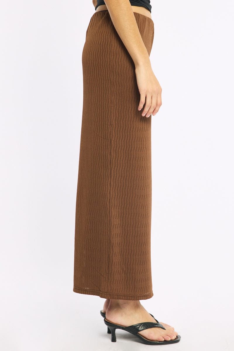 Brown Maxi Skirt Elasticated Waist Side Split Textured for Ally Fashion