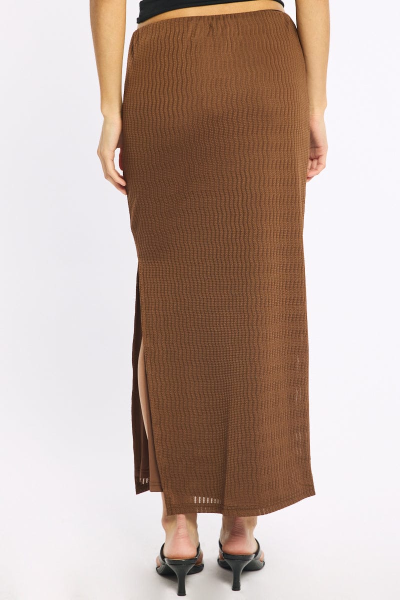 Brown Maxi Skirt Elasticated Waist Side Split Textured for Ally Fashion