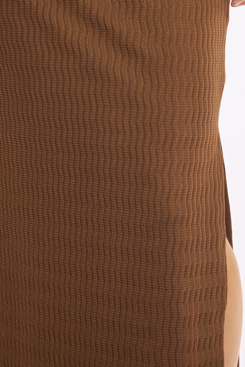 Brown Maxi Skirt Elasticated Waist Side Split Textured for Ally Fashion