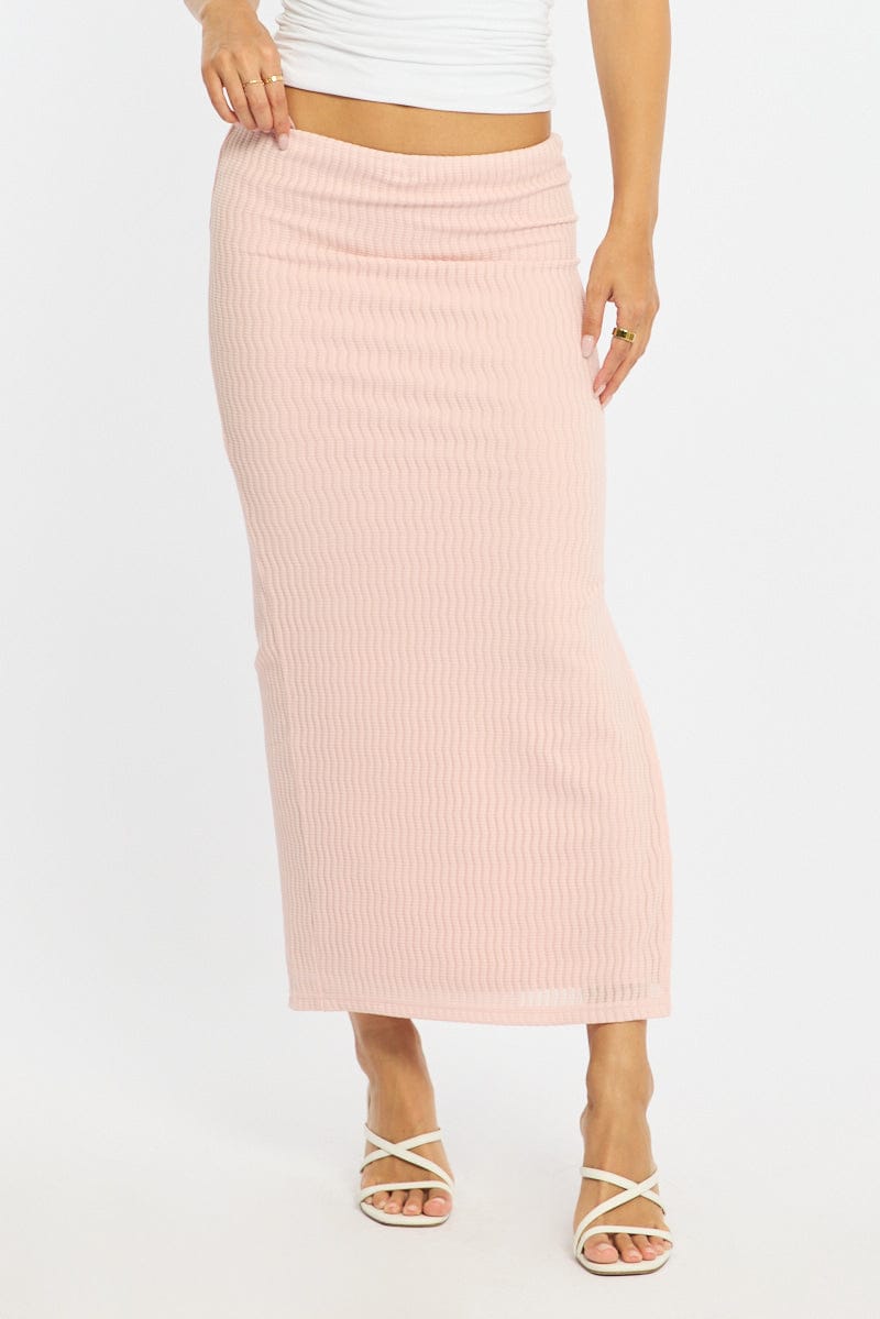 Pink Maxi Skirt Elasticated Waist Side Split Textured for Ally Fashion