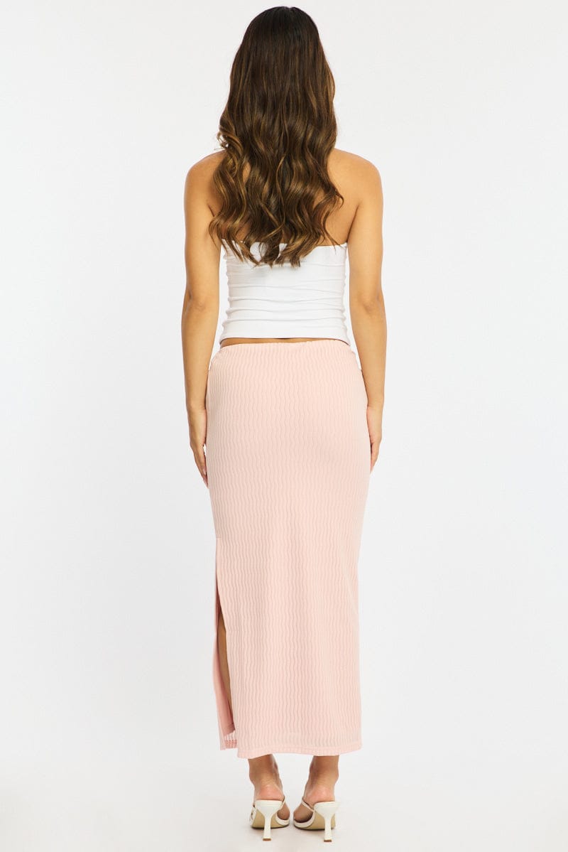 Pink Maxi Skirt Elasticated Waist Side Split Textured for Ally Fashion