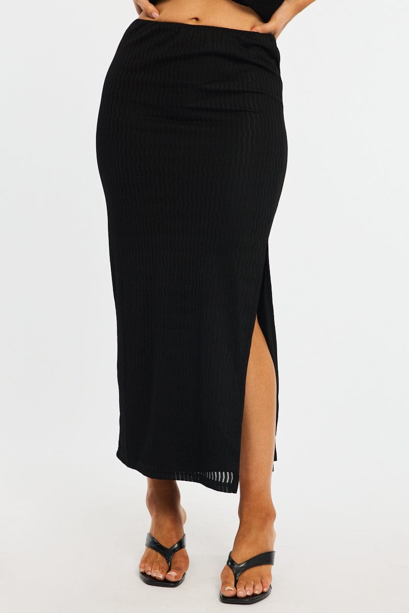 Black Maxi Skirt Elasticated Waist Side Split Textured for Ally Fashion