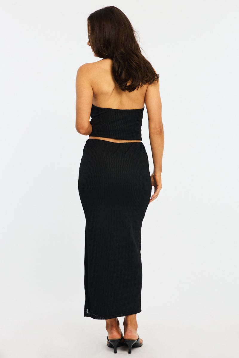 Black Maxi Skirt Elasticated Waist Side Split Textured for Ally Fashion