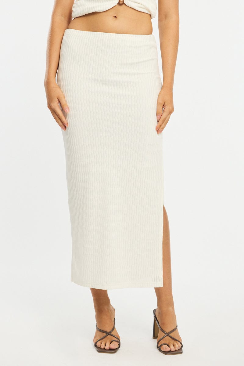 White Maxi Skirt Elasticated Waist Side Split Textured for Ally Fashion