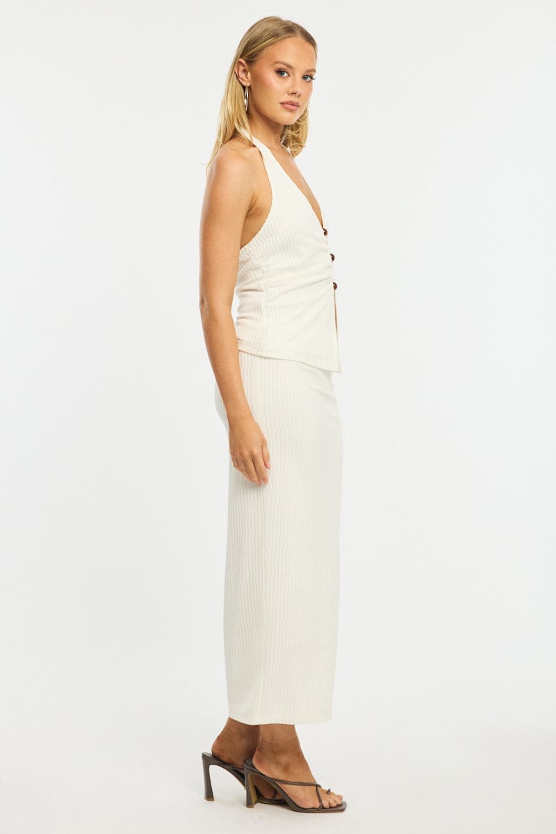 White Maxi Skirt Elasticated Waist Side Split Textured for Ally Fashion