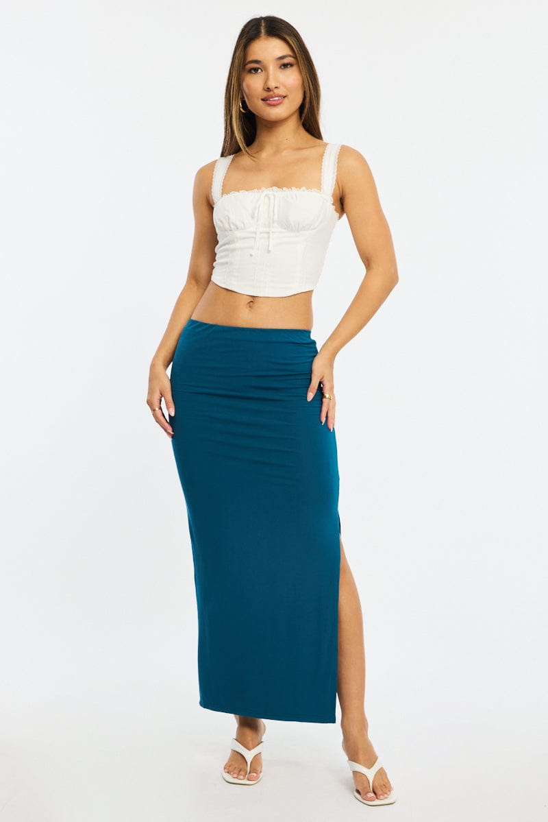 Blue Maxi Skirt Elasticated Waist Side Split Lined for Ally Fashion