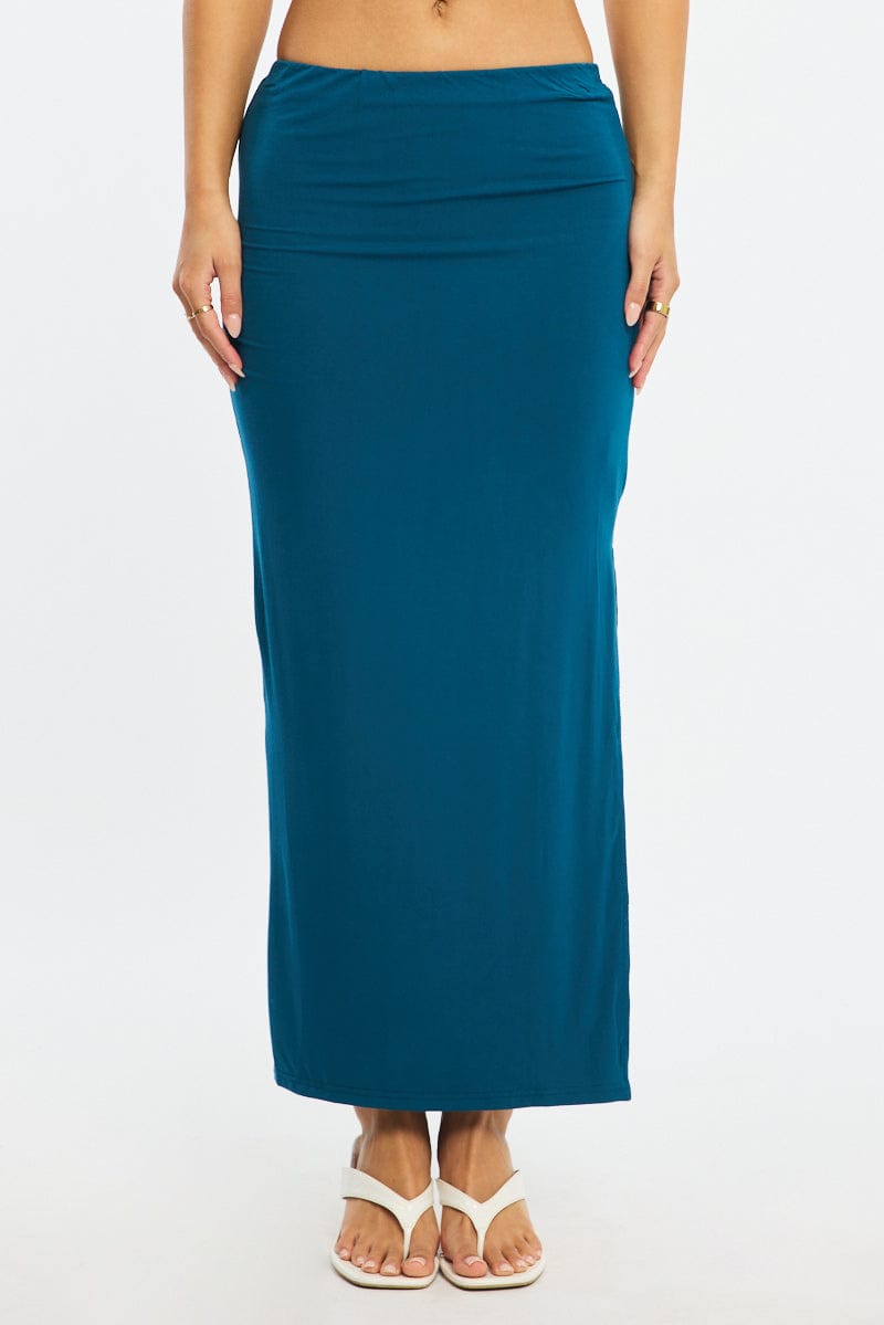 Blue Maxi Skirt Elasticated Waist Side Split Lined for Ally Fashion