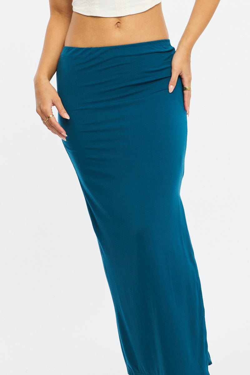 Blue Maxi Skirt Elasticated Waist Side Split Lined for Ally Fashion