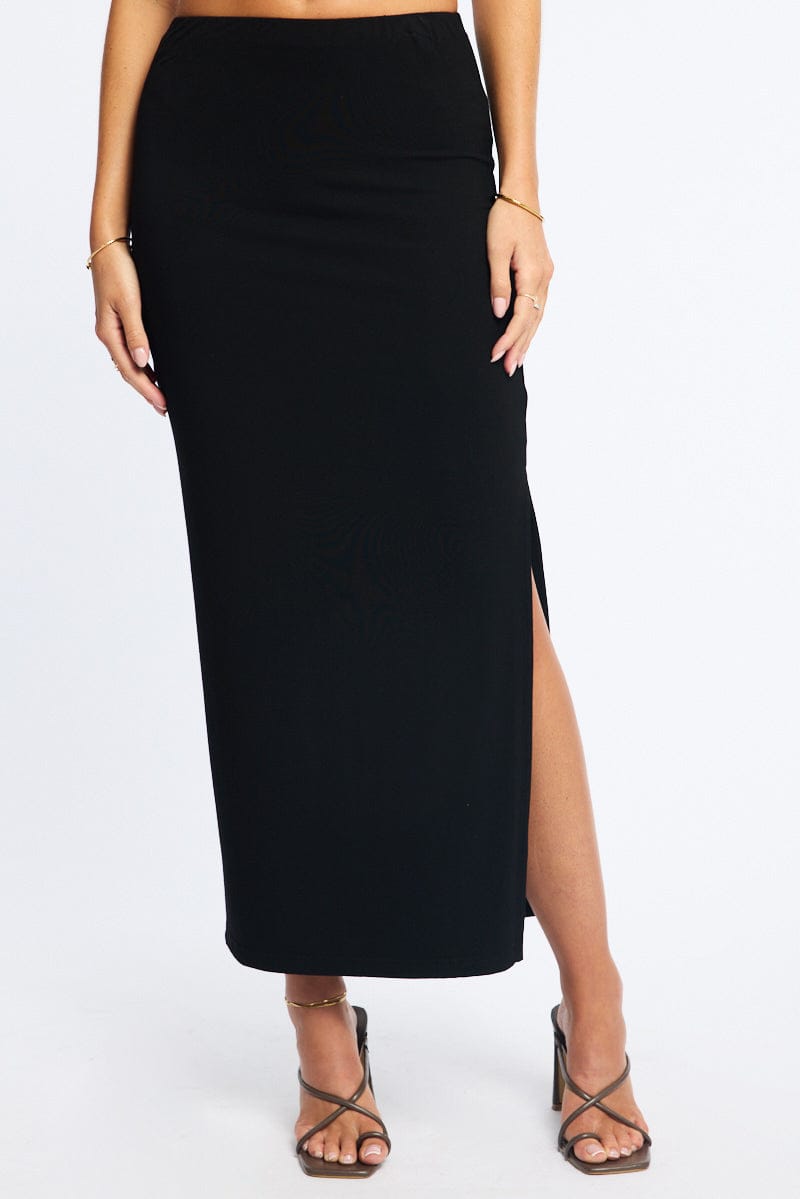 Black Maxi Skirt Elasticated Waist Side Split for Ally Fashion