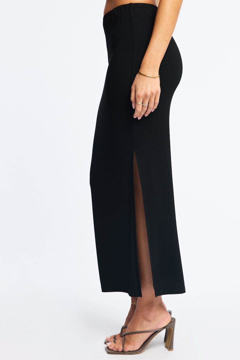 Black Maxi Skirt Elasticated Waist Side Split for Ally Fashion