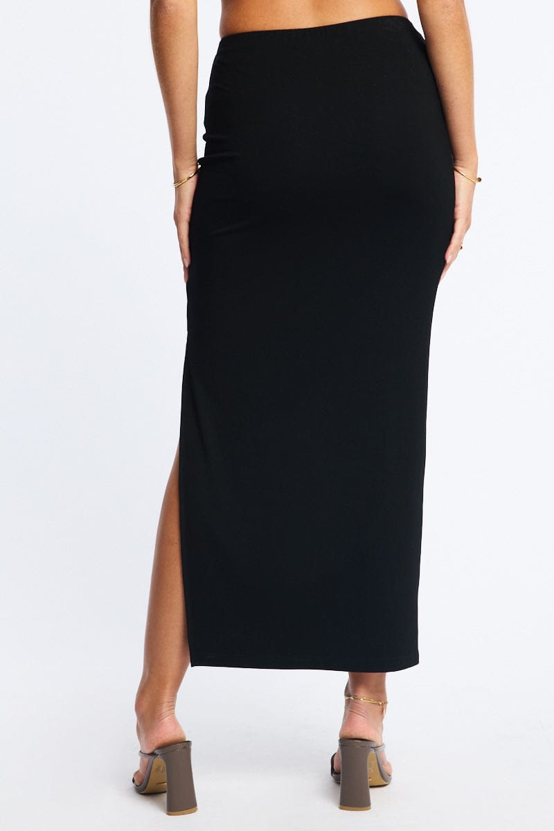 Black Maxi Skirt Elasticated Waist Side Split for Ally Fashion