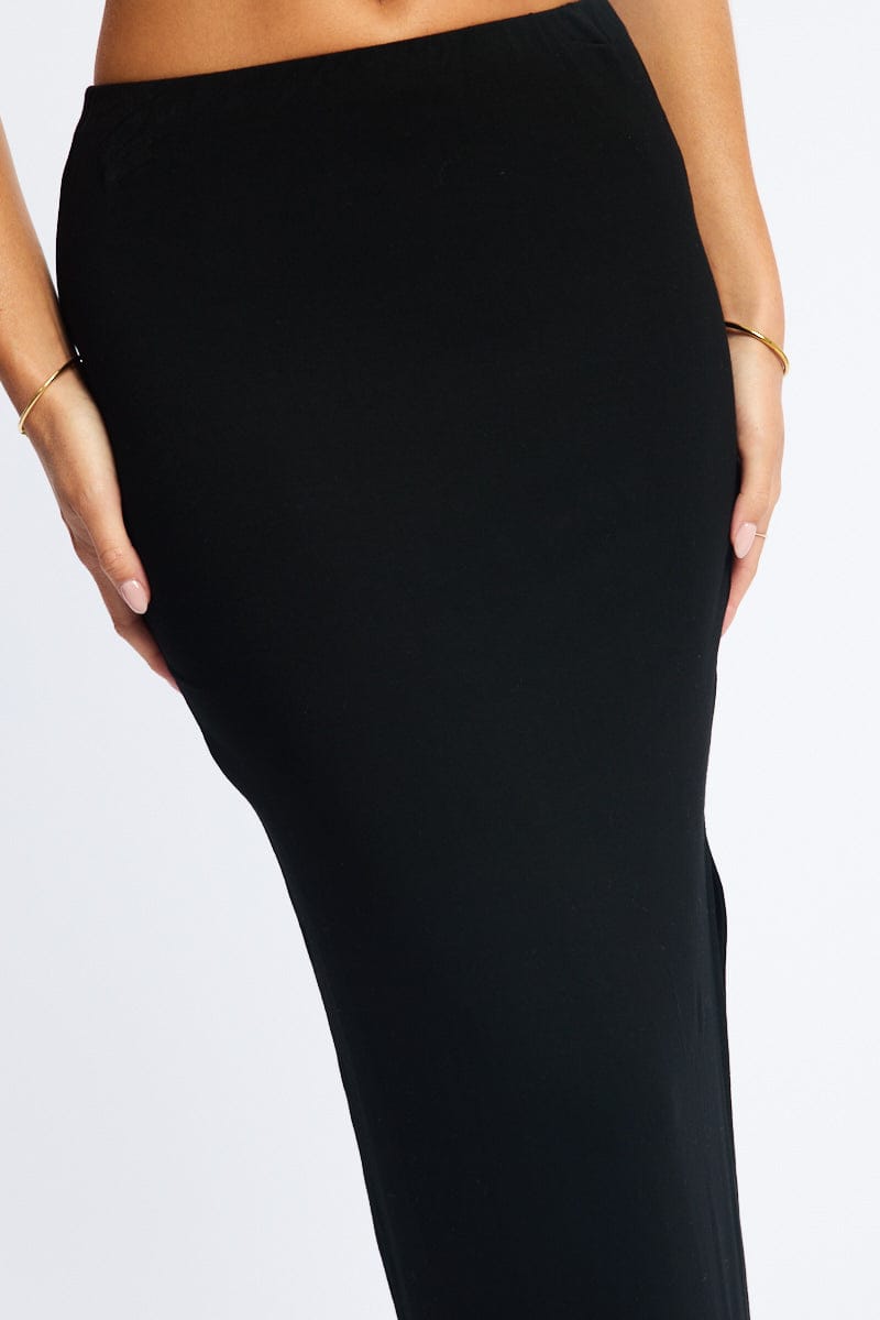 Black Maxi Skirt Elasticated Waist Side Split for Ally Fashion