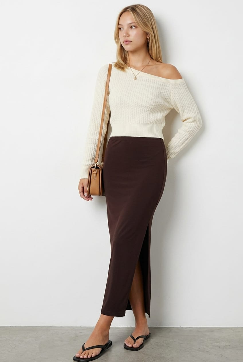 Brown Maxi Skirt Elasticated Waist Side Split for Ally Fashion