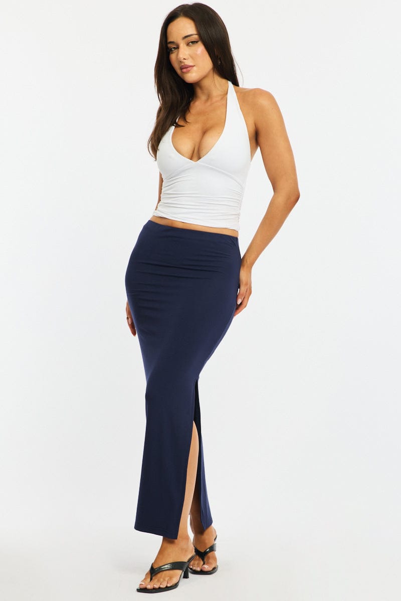Blue Maxi Skirt Elasticated Waist Side Split for Ally Fashion
