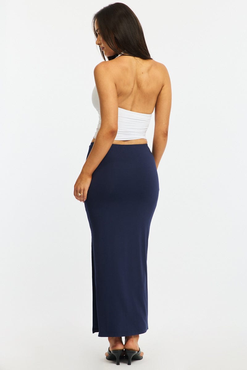 Blue Maxi Skirt Elasticated Waist Side Split for Ally Fashion