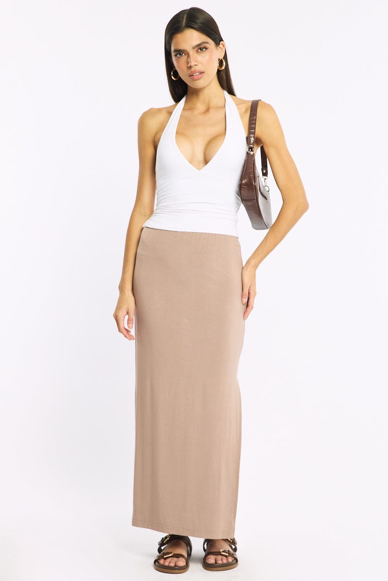 Brown Maxi Skirt Elasticated Waist Side Split for Ally Fashion