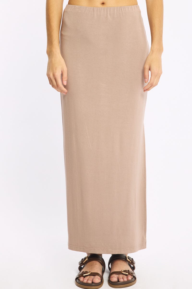 Brown Maxi Skirt Elasticated Waist Side Split for Ally Fashion