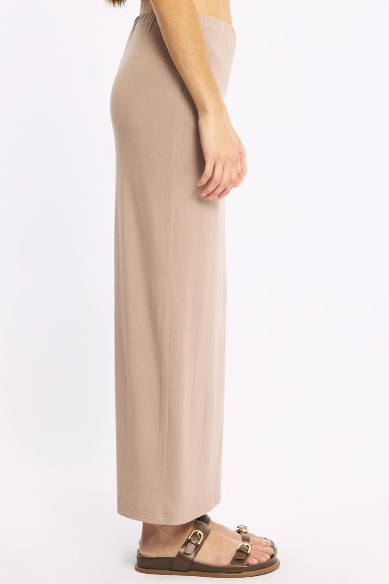 Brown Maxi Skirt Elasticated Waist Side Split for Ally Fashion