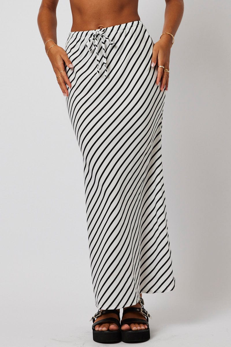 White Stripe Slip Skirt Maxi Drawstring Waist for Ally Fashion