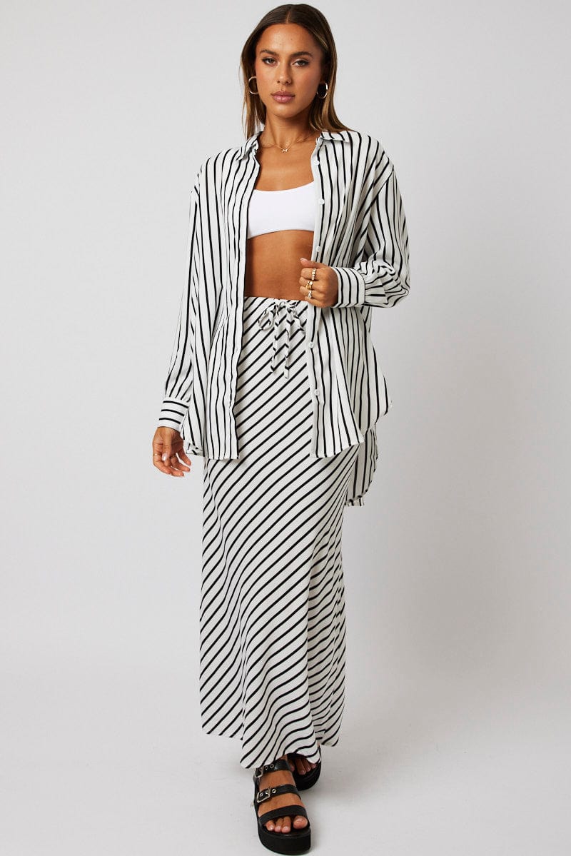 White Stripe Slip Skirt Maxi Drawstring Waist for Ally Fashion