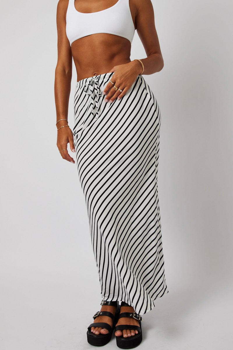 White Stripe Slip Skirt Maxi Drawstring Waist for Ally Fashion